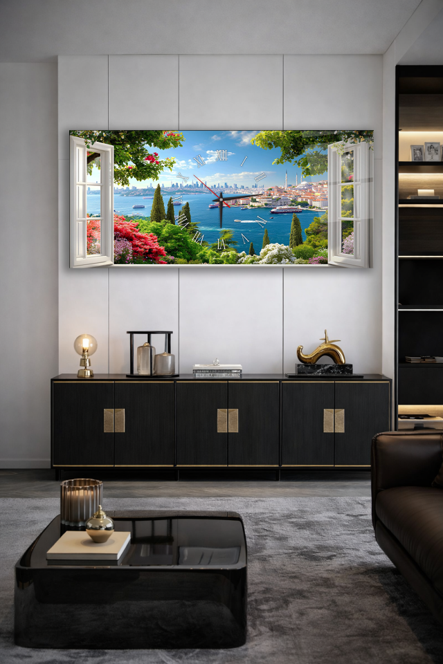 KIRILMAZ CAM DUVAR SAATİ , HEM TABLO HEM SAAT İSTANBUL BOĞAZ MANZARALI CAM TASARIM EV OFİS HEDİYESİ