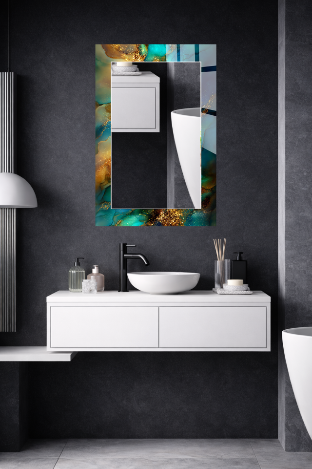 HEM TABLO HEM AYNA TURKUAZ ALTIN AKIŞKAN MERMER CAM DUVAR AYNASI EV DEKORU