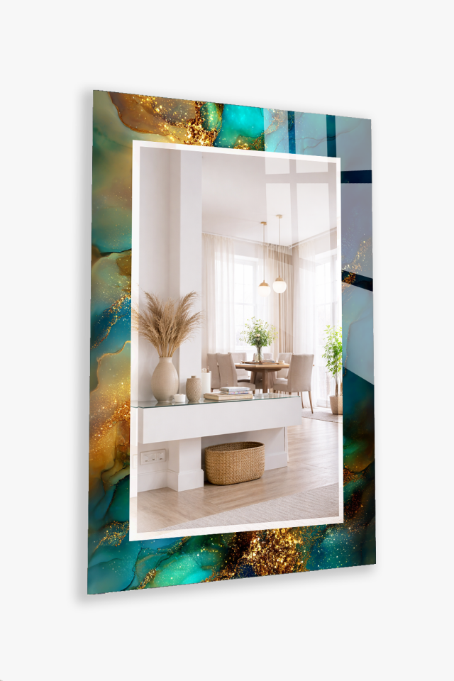 HEM TABLO HEM AYNA TURKUAZ ALTIN AKIŞKAN MERMER CAM DUVAR AYNASI EV DEKORU