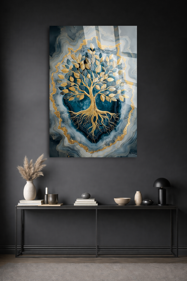 GERÇEK KIRILMAZ CAM TABLO HAYAT AĞACI ALTIN DETAYLI MODERN DUVAR DEKORU EV OFİS HEDİYESİ