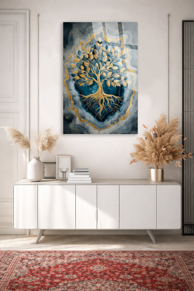 GERÇEK KIRILMAZ CAM TABLO HAYAT AĞACI ALTIN DETAYLI MODERN DUVAR DEKORU EV OFİS HEDİYESİ