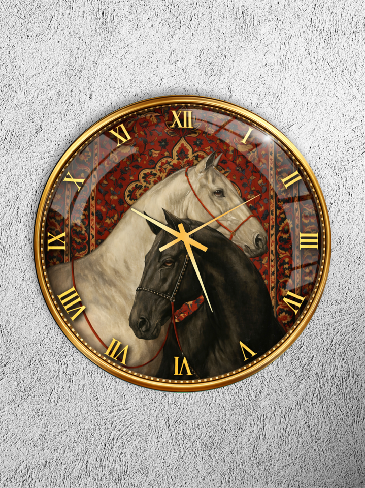 KIRILMAZ CAM DUVAR SAATİ, HEM TABLO HEM SAAT AT DESENLİ OSMANLI HALI ZEMİN TASARIM EV OFİS HEDİYESİ