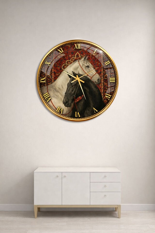 KIRILMAZ CAM DUVAR SAATİ, HEM TABLO HEM SAAT AT DESENLİ OSMANLI HALI ZEMİN TASARIM EV OFİS HEDİYESİ