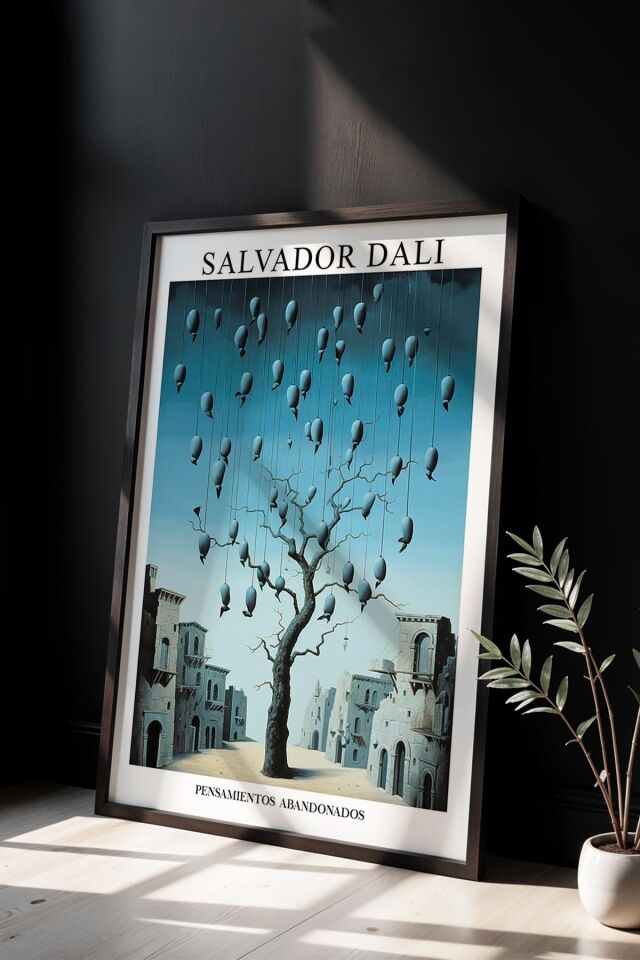 SİYAH - Salvador Dali Kuş Ağacı ve Mavi Gökyüzü Ahşap Çerçeveli Duvar Tablosu