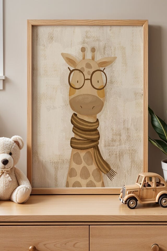 DOĞAL AHŞAP - Gözlüklü Zürafa Çocuk Odası Ahşap Çerçeveli Duvar Tablosu
