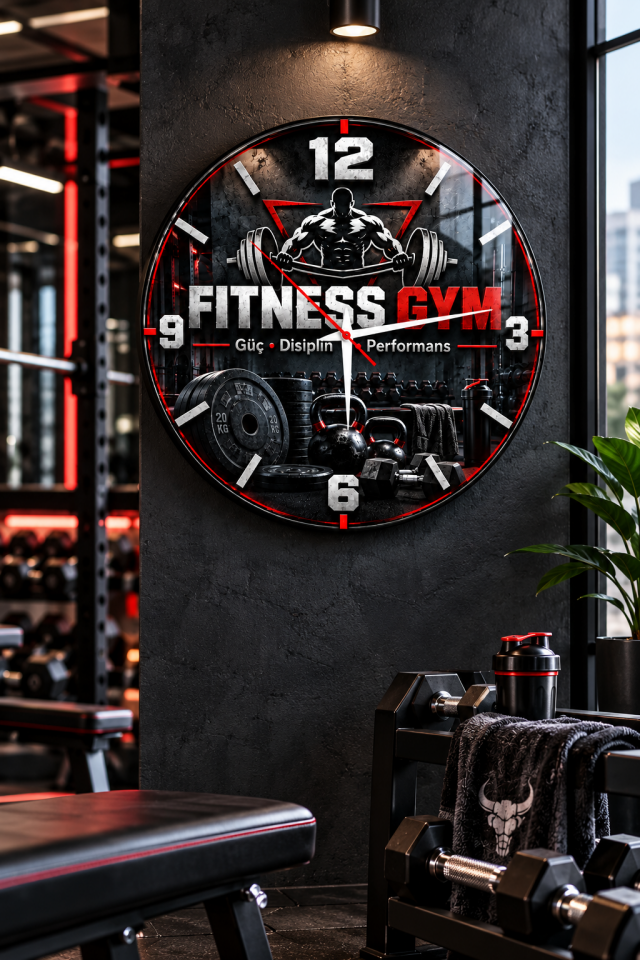FITNESS GYM TEMALI YUVARLAK CAM TABLO SAAT SPOR SALONU HEDİYESİ