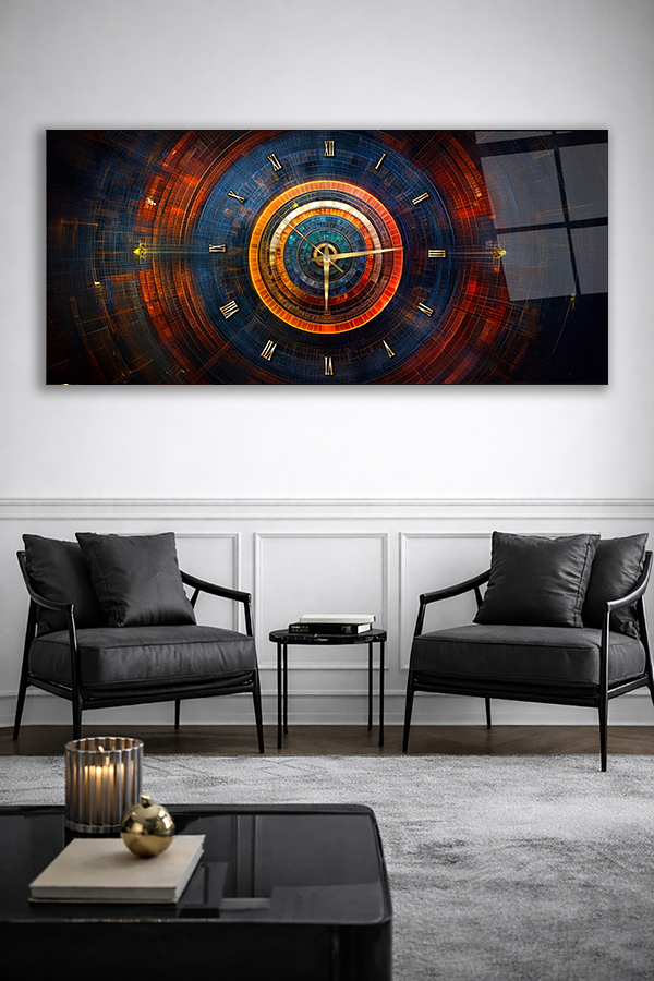 KIRILMAZ CAM DUVAR SAATİ , HEM TABLO HEM SAAT RENKLİ SOYUT ZAMAN HALKASI DESENLİ EV OFİS HEDİYESİ