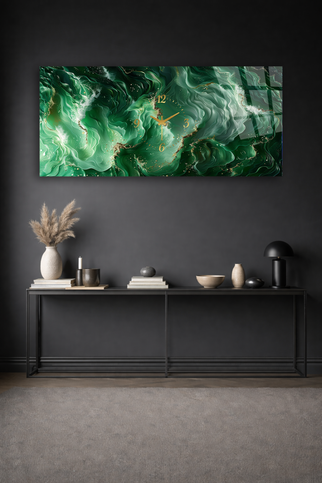 KIRILMAZ CAM DUVAR SAATİ , HEM TABLO HEM SAAT YEŞİL MERMER DOKU ALTIN DETAY EV OFİS HEDİYESİ