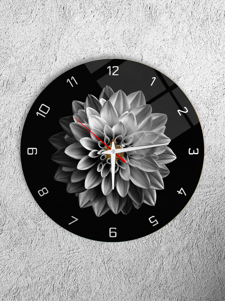 KIRILMAZ CAM DUVAR SAATİ, HEM TABLO HEM SAAT SİYAH BEYAZ ÇİÇEK MODERN TASARIM EV OFİS HEDİYESİ