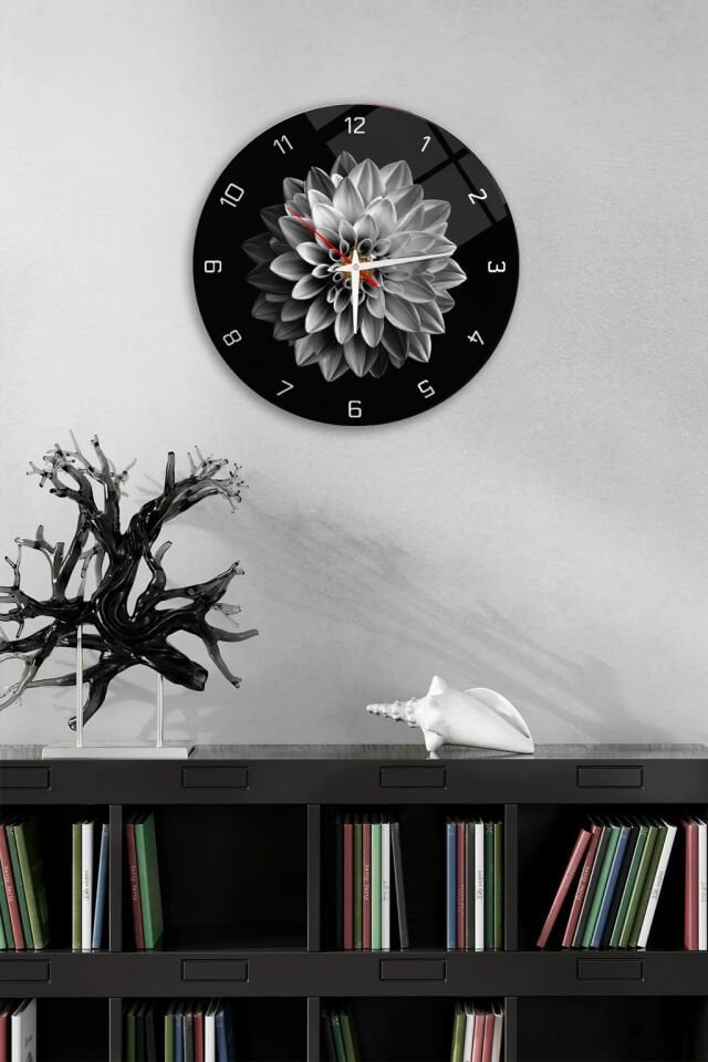 KIRILMAZ CAM DUVAR SAATİ, HEM TABLO HEM SAAT SİYAH BEYAZ ÇİÇEK MODERN TASARIM EV OFİS HEDİYESİ
