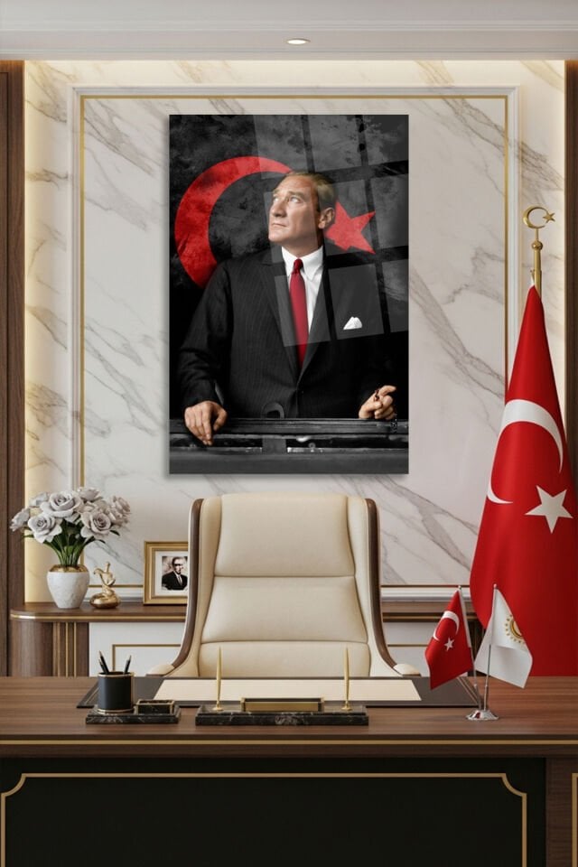 ATATÜRK CAM TABLO KIRILMAZ LÜKS CAM TABLO YÜKSEK ÇÖZÜNÜRLÜKLÜ OFİS HEDİYESİ TABLO Siyah
