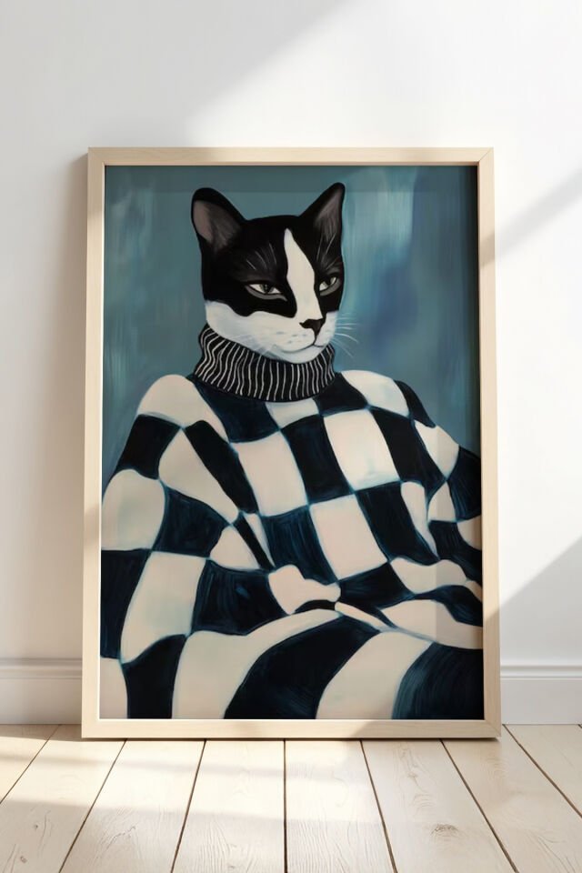 DOĞAL AHŞAP - Soyut Kedi Sanatı Ahşap Çerçeveli Duvar Kedi Tablosu