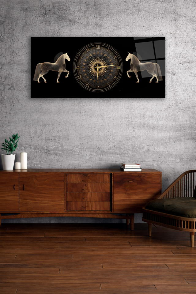 KIRILMAZ CAM DUVAR SAATİ , HEM TABLO HEM SAAT ALTIN SAAT VE AT FİGÜRLÜ LÜKS EV OFİS HEDİYESİ