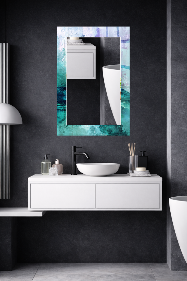 HEM TABLO HEM AYNA OKYANUS MAVİ DOKU SOYUT CAM DUVAR AYNASI EV DEKORU