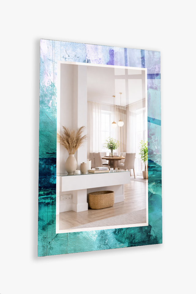 HEM TABLO HEM AYNA OKYANUS MAVİ DOKU SOYUT CAM DUVAR AYNASI EV DEKORU