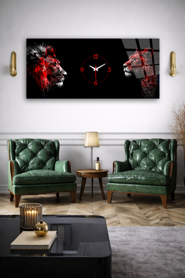 KIRILMAZ CAM DUVAR SAATİ , HEM TABLO HEM SAAT SİYAH KIRMIZI ASLAN GÜÇ TEMALI EV OFİS HEDİYESİ