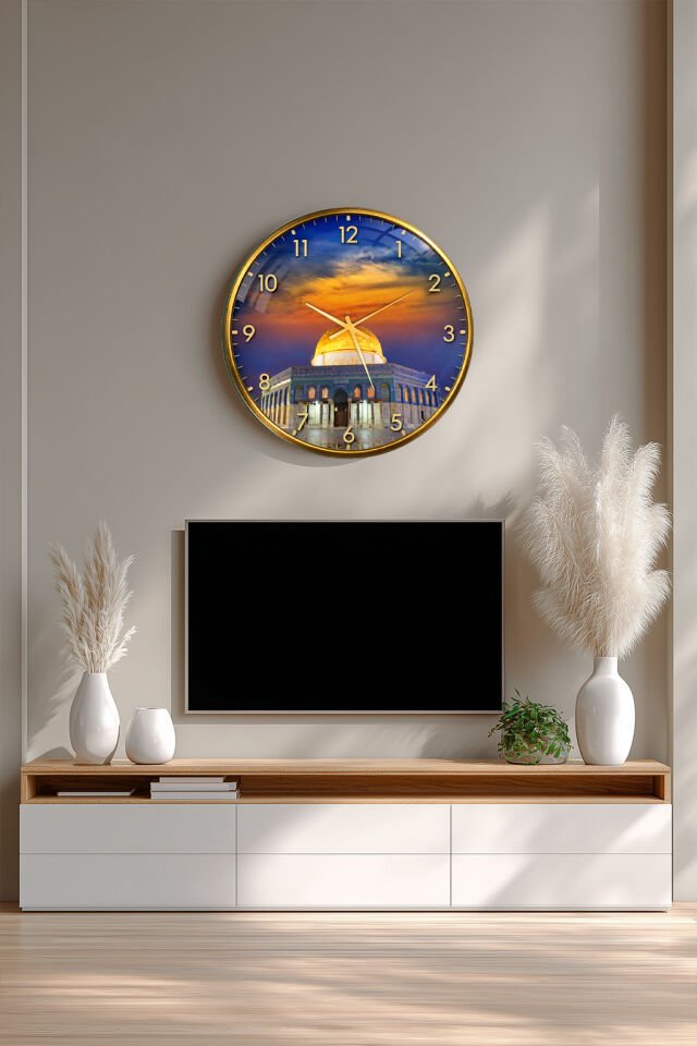 KIRILMAZ CAM DUVAR SAATİ, HEM TABLO HEM SAAT KUDÜS MESCİD-İ AKSA MANZARALI TASARIM EV OFİS HEDİYESİ