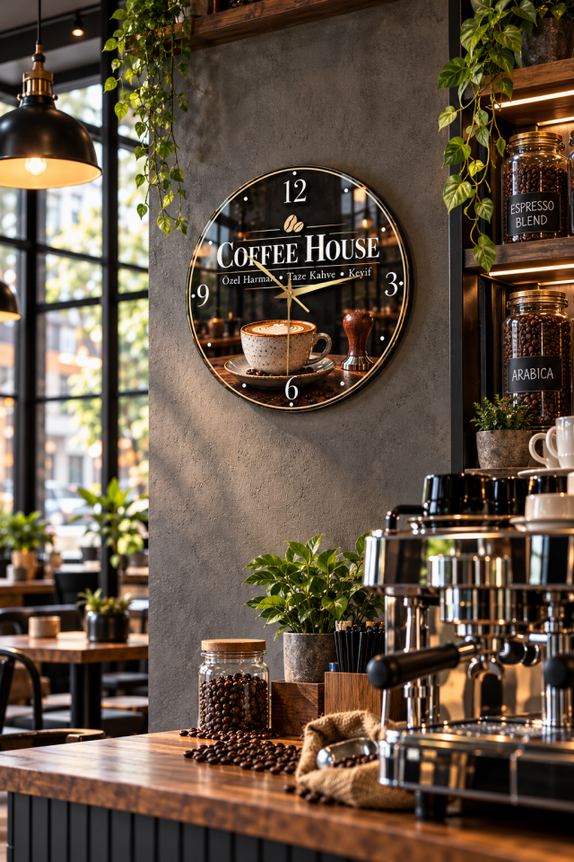 COFFEE HOUSE KAHVE TEMALI YUVARLAK CAM TABLO SAAT KAFE HEDİYESİ