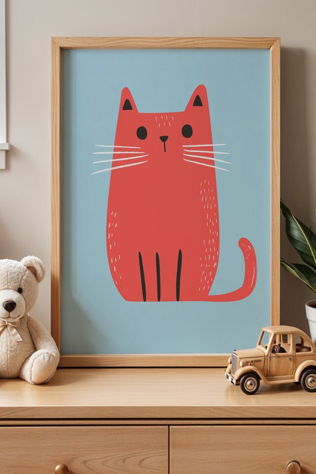 DOĞAL AHŞAP - Sevimli Kırmızı Kedi Çocuk Odası Ahşap Çerçeveli Duvar Tablosu
