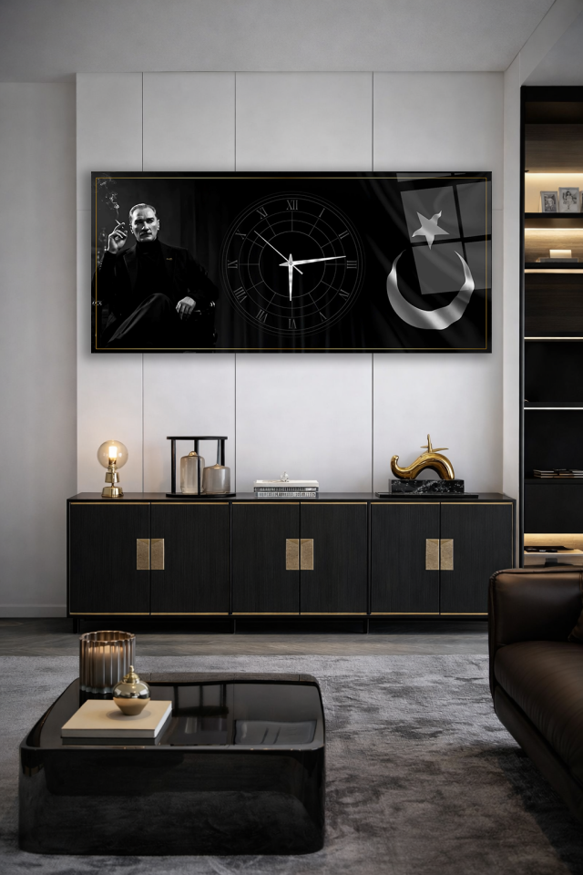 KIRILMAZ CAM DUVAR SAATİ , HEM TABLO HEM SAAT ATATÜRK VE AY YILDIZ TEMALI EV OFİS HEDİYESİ