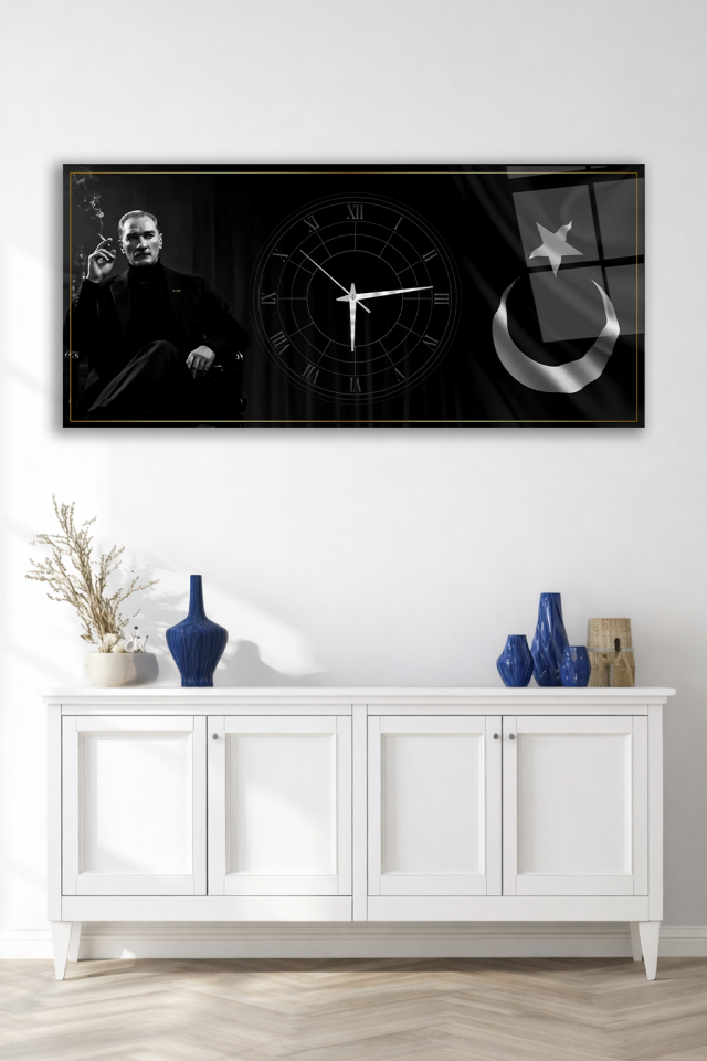 KIRILMAZ CAM DUVAR SAATİ , HEM TABLO HEM SAAT ATATÜRK VE AY YILDIZ TEMALI EV OFİS HEDİYESİ