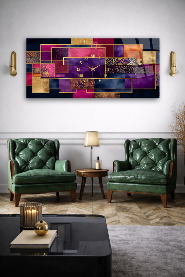 KIRILMAZ CAM DUVAR SAATİ , HEM TABLO HEM SAAT MOR ALTIN GEOMETRİK MODERN EV OFİS HEDİYESİ