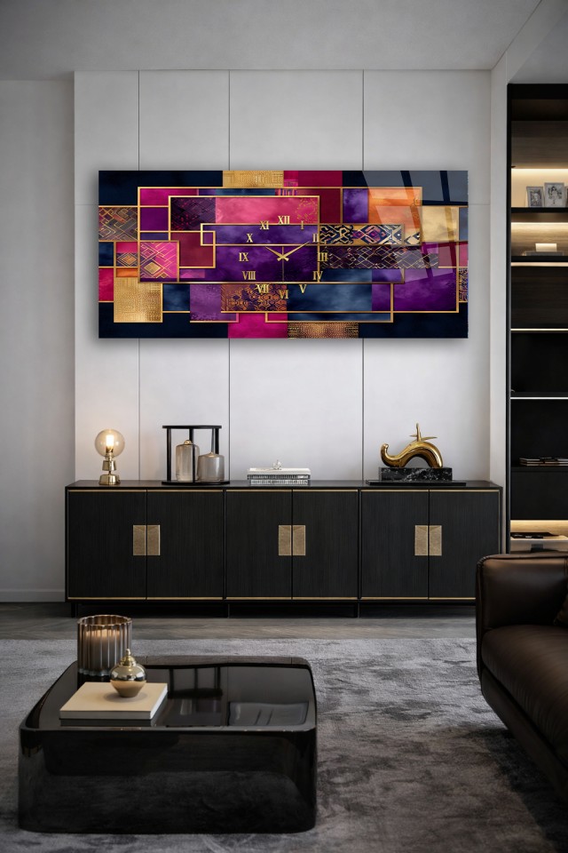 KIRILMAZ CAM DUVAR SAATİ , HEM TABLO HEM SAAT MOR ALTIN GEOMETRİK MODERN EV OFİS HEDİYESİ