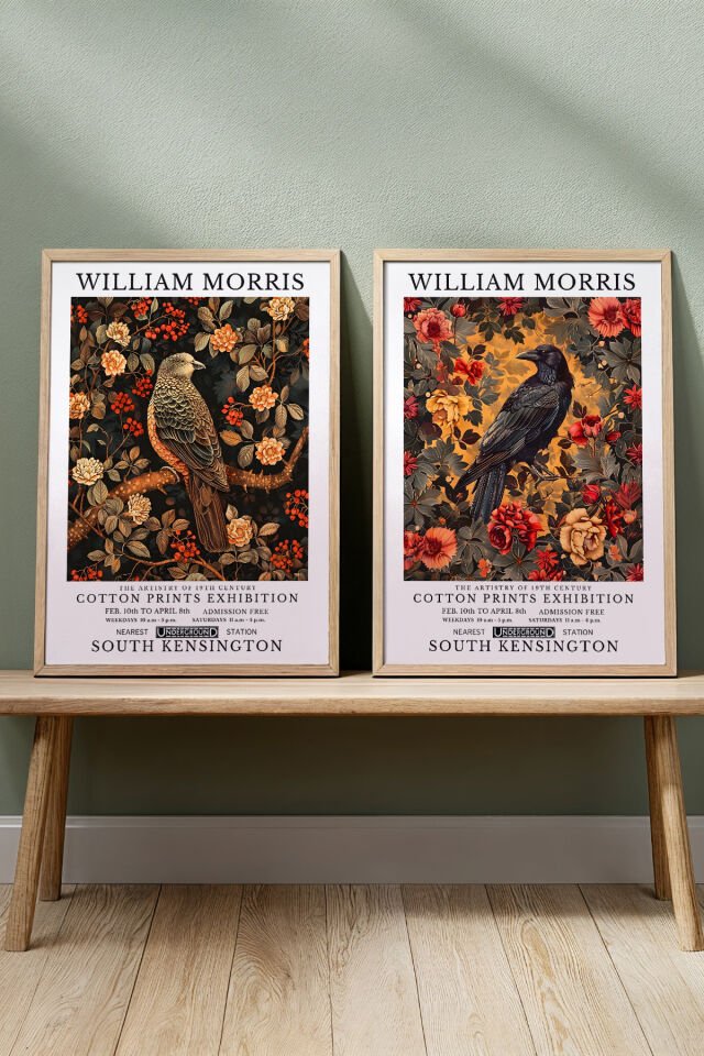DOĞAL AHŞAP - William Morris Premium Vintage - Doğanın Zarafeti Kuş ve Çiçekler Doğal Ahşap Çerçeveli Tablo