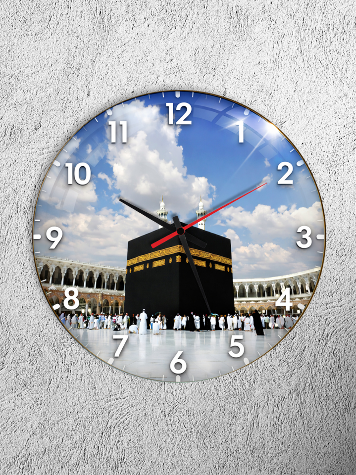 KIRILMAZ CAM DUVAR SAATİ, HEM TABLO HEM SAAT KABE FOTOĞRAFLI İSLAMİ TASARIM EV OFİS HEDİYESİ