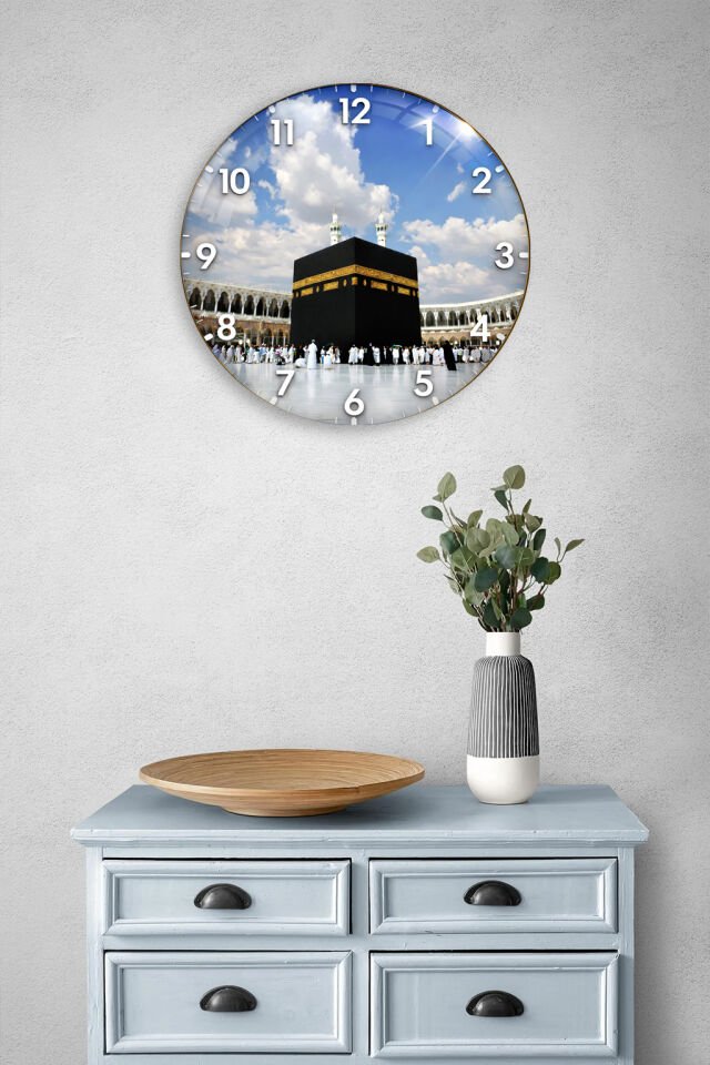 KIRILMAZ CAM DUVAR SAATİ, HEM TABLO HEM SAAT KABE FOTOĞRAFLI İSLAMİ TASARIM EV OFİS HEDİYESİ
