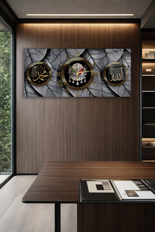 KIRILMAZ CAM DUVAR SAATİ , HEM TABLO HEM SAAT OSMANLI TUĞRALI ALLAH MUHAMMED EV OFİS HEDİYESİ