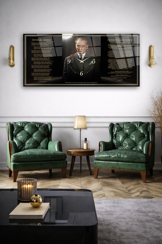 KIRILMAZ CAM DUVAR SAATİ , HEM TABLO HEM SAAT ATATÜRK İSTİKLAL MARŞI LÜKS TASARIM EV OFİS HEDİYESİ