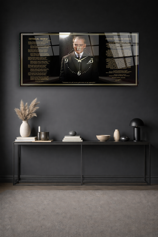 KIRILMAZ CAM DUVAR SAATİ , HEM TABLO HEM SAAT ATATÜRK İSTİKLAL MARŞI LÜKS TASARIM EV OFİS HEDİYESİ