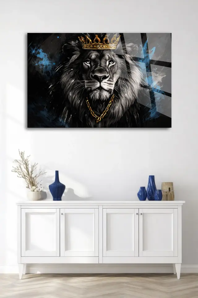 GERÇEK KIRILMAZ CAM TABLO KRAL ASLAN ALTIN TAÇLI LION SANATSAL DUVAR DEKORU EV OFİS HEDİYESİ