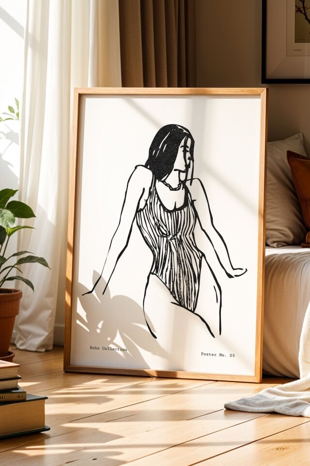 DOĞAL AHŞAP - Bohem Tarzı Kadın Figürü Minimalist Çizim Doğal Ahşap Çerçeveli Duvar Tablosu