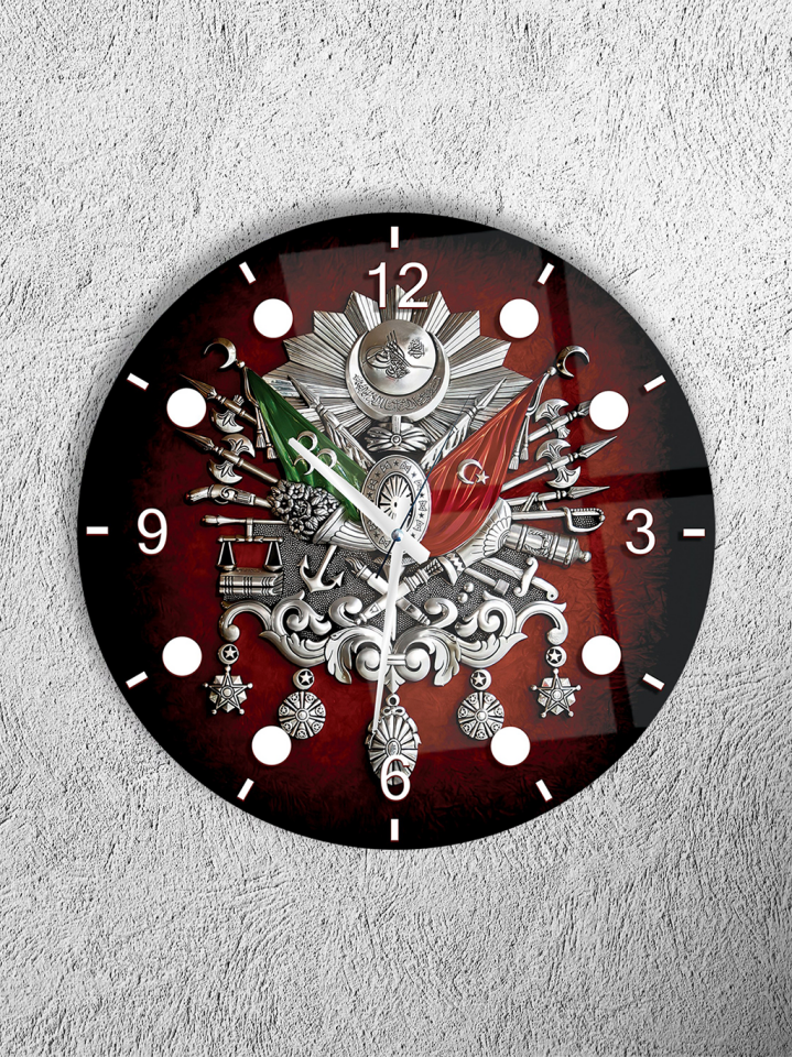 KIRILMAZ CAM DUVAR SAATİ, HEM TABLO HEM SAAT OSMANLI TUĞRALI KIRMIZI ZEMİN TASARIM EV OFİS HEDİYESİ