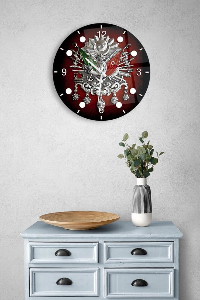 KIRILMAZ CAM DUVAR SAATİ, HEM TABLO HEM SAAT OSMANLI TUĞRALI KIRMIZI ZEMİN TASARIM EV OFİS HEDİYESİ