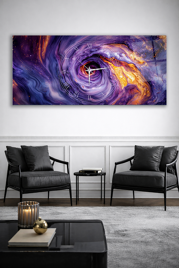 KIRILMAZ CAM DUVAR SAATİ , HEM TABLO HEM SAAT SOYUT GALAKSİ VE ZAMAN TEMALI MODERN EV OFİS HEDİYESİ