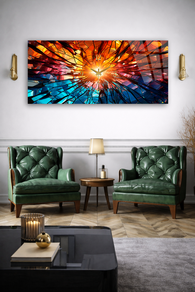 KIRILMAZ CAM DUVAR SAATİ , HEM TABLO HEM SAAT RENKLİ CAM KIRIK SOYUT EV OFİS HEDİYESİ