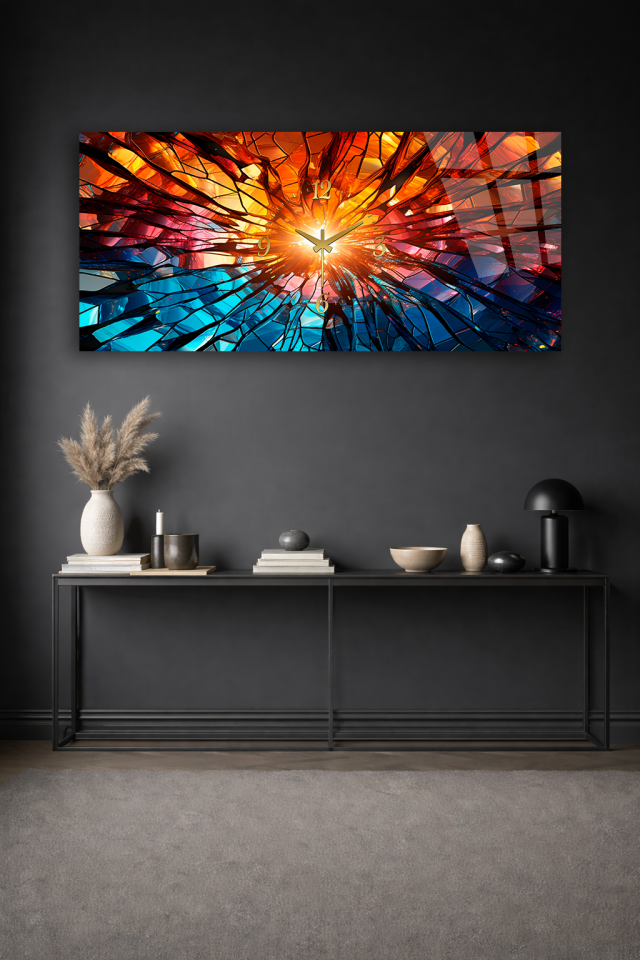 KIRILMAZ CAM DUVAR SAATİ , HEM TABLO HEM SAAT RENKLİ CAM KIRIK SOYUT EV OFİS HEDİYESİ