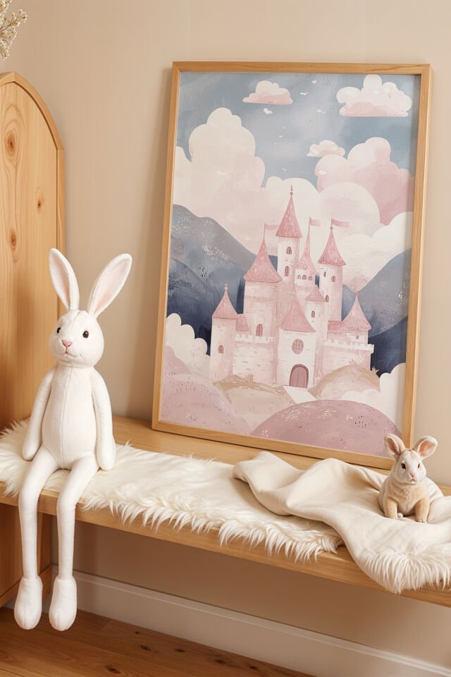 DOĞAL AHŞAP - Gökkuşağı Renkleriyle Şato – Doğal Ahşap Çerçeveli Çocuk Odası Tablosu