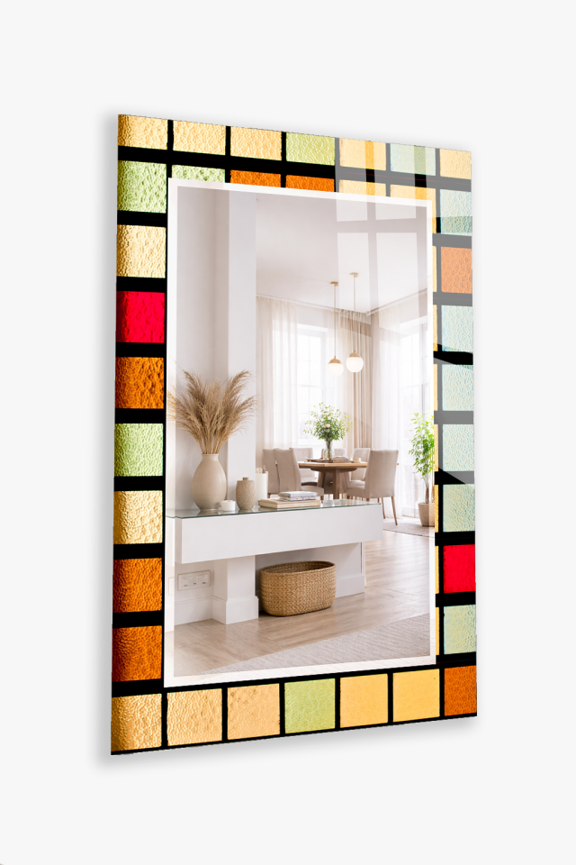 HEM TABLO HEM AYNA VİTRAY CAM RENKLİ MOZAIK CAM DUVAR AYNASI EV DEKORU