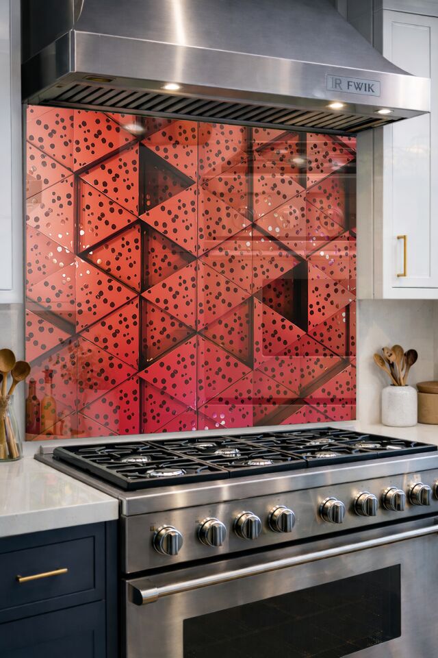 Premium Mutfak Cam Ocak Arkası Koruyucu Tezgah Ankastre Arkası Koruyucu | Kırmızı Simerik İşaretler