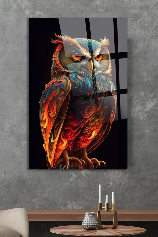 Harika Baykuş Görseli Kırılmaz Cam Tablo, Ev Ve Ofis Hediyesi Yüksek Çözünürlüklü 4mm Cam Tablo