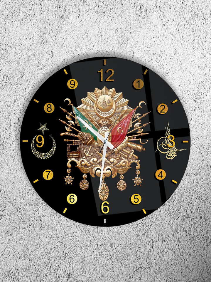 KIRILMAZ CAM DUVAR SAATİ, HEM TABLO HEM SAAT OSMANLI ARMALI SİYAH ALTIN TASARIM EV OFİS HEDİYESİ