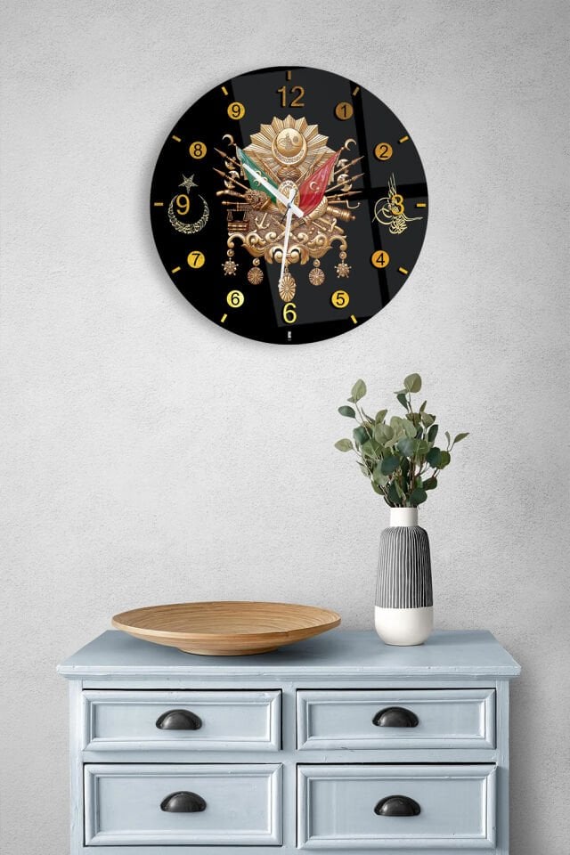 KIRILMAZ CAM DUVAR SAATİ, HEM TABLO HEM SAAT OSMANLI ARMALI SİYAH ALTIN TASARIM EV OFİS HEDİYESİ