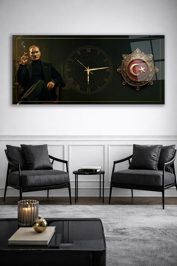 KIRILMAZ CAM DUVAR SAATİ , HEM TABLO HEM SAAT ATATÜRK VE TÜRK BAYRAĞI TASARIMI ŞIK EV OFİS HEDİYESİ