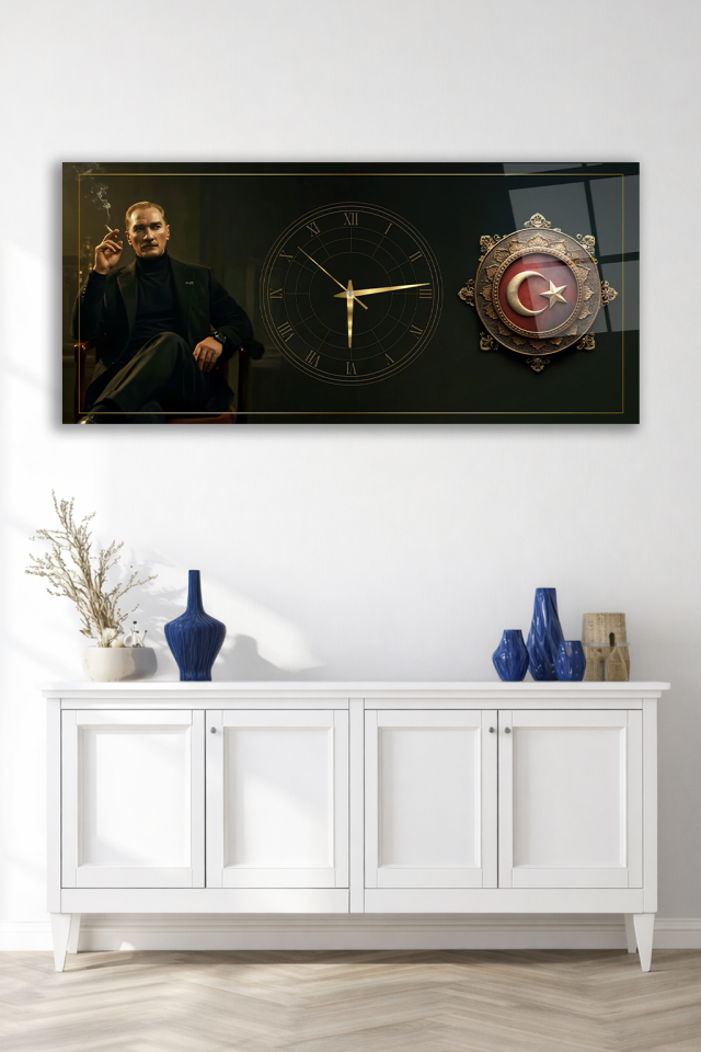KIRILMAZ CAM DUVAR SAATİ , HEM TABLO HEM SAAT ATATÜRK VE TÜRK BAYRAĞI TASARIMI ŞIK EV OFİS HEDİYESİ