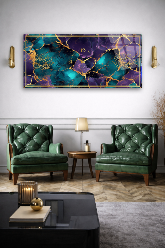 KIRILMAZ CAM DUVAR SAATİ , HEM TABLO HEM SAAT MOR TURKUAZ LOTUS ALTIN EV OFİS HEDİYESİ
