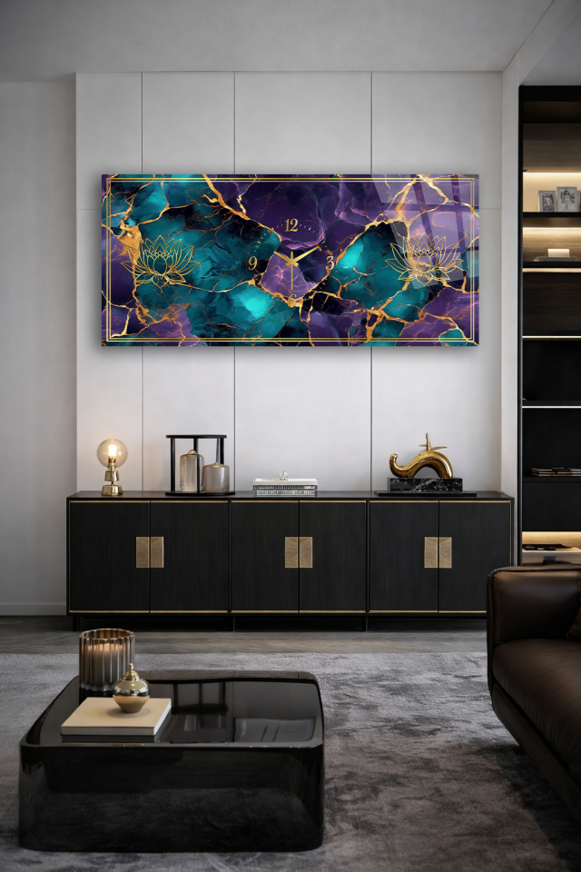 KIRILMAZ CAM DUVAR SAATİ , HEM TABLO HEM SAAT MOR TURKUAZ LOTUS ALTIN EV OFİS HEDİYESİ